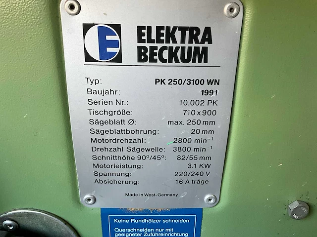 1991 elektra beckum pk250/3100 wn tafelcirkelzaagmachine - afbeelding 3 van  5