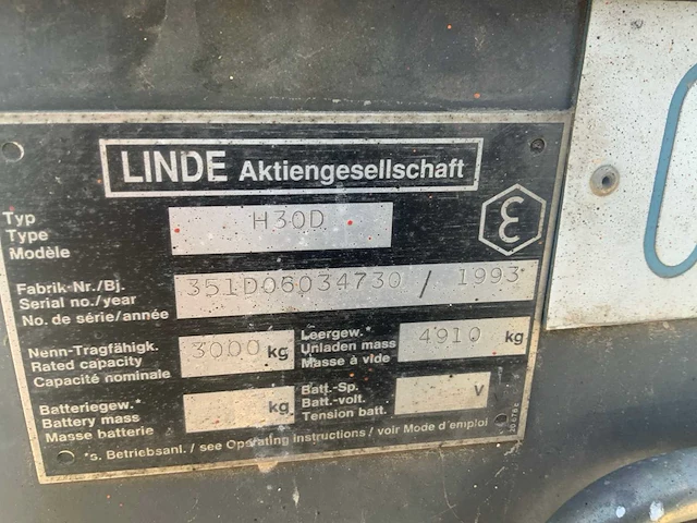1993 linde h30d vorkheftruck - afbeelding 8 van  16