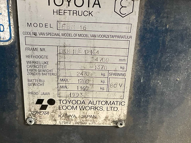 1993 toyota fbm16 vorkheftruck - afbeelding 8 van  16