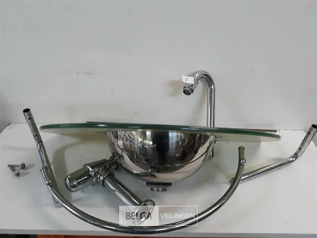 1x wasbak inox glazen blad chrome sifon + kraan showmodel - afbeelding 2 van  3