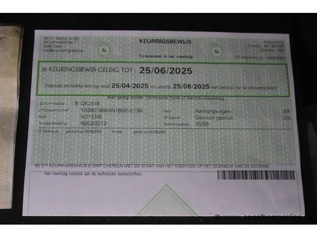 2-assige aanhanwagen noyens a2/5000a, datum 1ste inschrijving 16/2/2010, chassisnummer ya9801884an185010, mtm 5000, inschrijvingsbewijs - afbeelding 12 van  12
