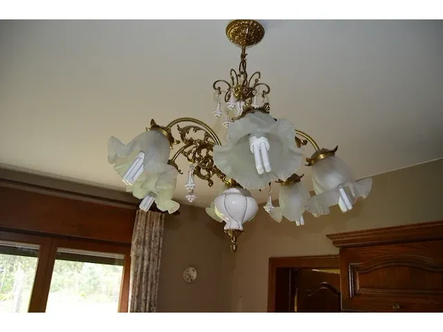 2 bronkleurige luster 12 lichtpunten, 2 goudkleurige lusters glazen kapjes 6 lichtpunten, ronde luster 1 lichtpunt, goudkleurige luster 5 lichtpunten glazen kapjes - afbeelding 11 van  12