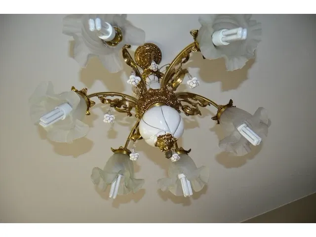 2 bronkleurige luster 12 lichtpunten, 2 goudkleurige lusters glazen kapjes 6 lichtpunten, ronde luster 1 lichtpunt, goudkleurige luster 5 lichtpunten glazen kapjes - afbeelding 12 van  12