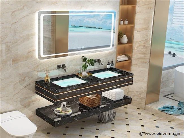 2-delig duo-badkamermeubel zwart-marmer. met led spiegel en muurkranen (120cm) - afbeelding 1 van  2