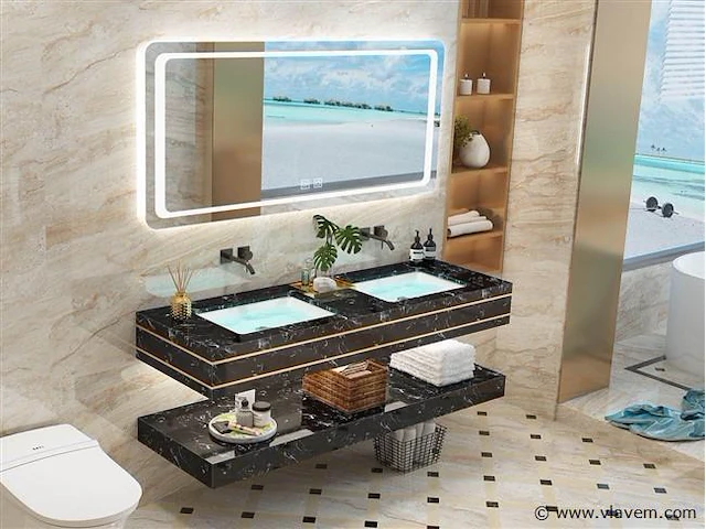 2-delig duo-badkamermeubel zwart-marmer. met led spiegel en muurkranen (150cm) - afbeelding 1 van  2