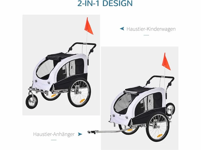 2-in-1 fietskar voor hond - wit + zwart - 155 x 83 x 108 cm - afbeelding 4 van  7
