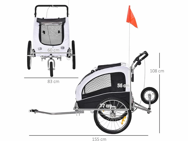 2-in-1 fietskar voor hond - wit + zwart - 155 x 83 x 108 cm - afbeelding 5 van  7