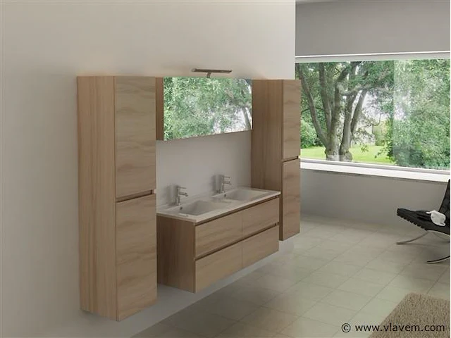 2-persoons badkamermeubel 120 cm licht hout decor - incl. kranen - afbeelding 1 van  11