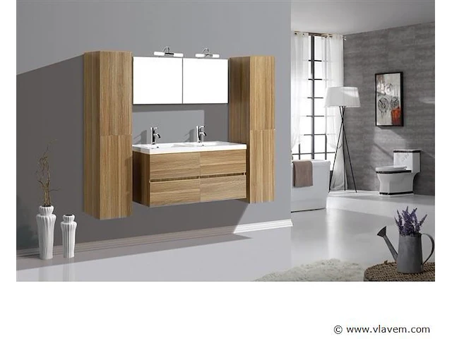 2-persoons badkamermeubel 120 cm natural hout decor - incl. kranen - afbeelding 1 van  3