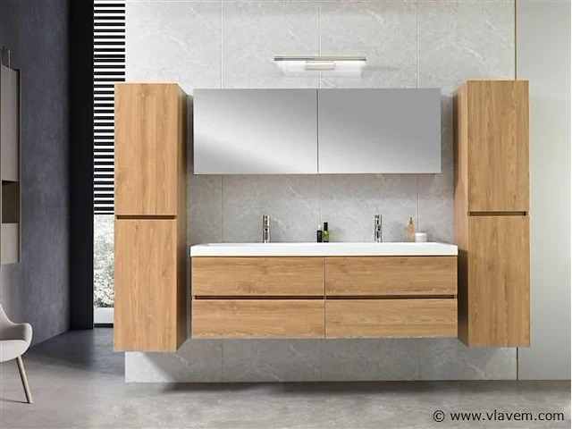 2-persoons badkamermeubel 145 cm licht hout decor - afbeelding 1 van  12