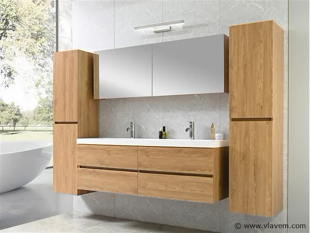 2-persoons badkamermeubel 145 cm licht hout decor - afbeelding 5 van  12