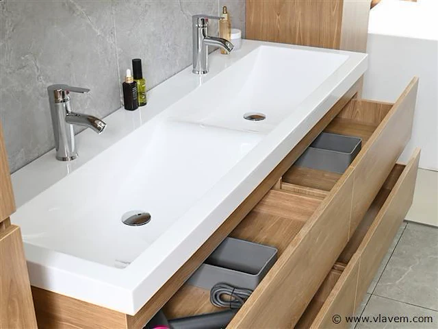 2-persoons badkamermeubel 145 cm licht hout decor - afbeelding 6 van  12