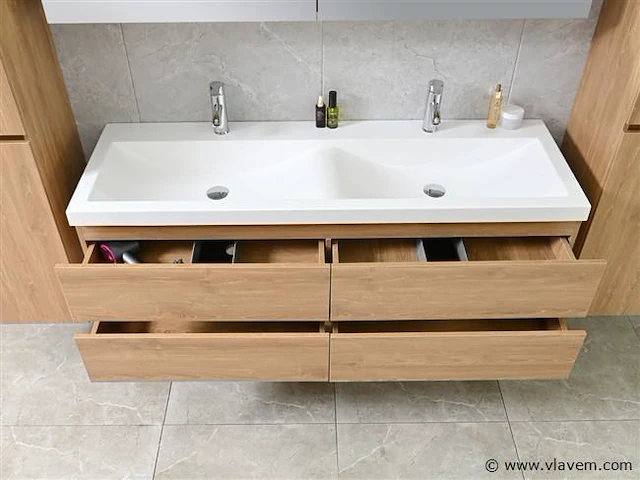 2-persoons badkamermeubel 145 cm licht hout decor - afbeelding 7 van  12