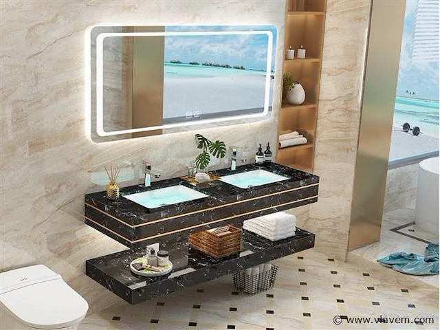 2-persoons badkamermeubel 150 cm zwart marmer - incl. kranen - afbeelding 1 van  4