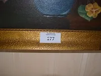 2 schilderijen v.bogaert, houten schouwklok, kan, stoel met armleuning groen stoffen zit en rug - afbeelding 8 van  12