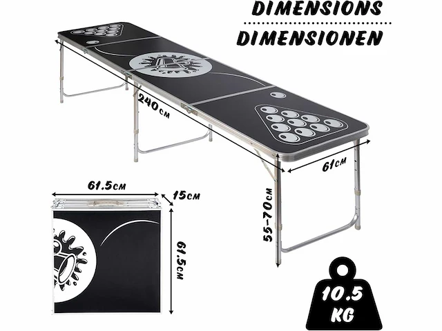 2 x beer pong tafel - opvouwbaar en in hoogte verstelbaar, 240 x 61 cm - afbeelding 2 van  6