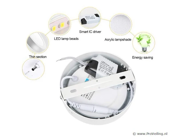 20 x led-paneel – ronde opbouwmontage – 12w – 6500k – koud wit - afbeelding 2 van  4