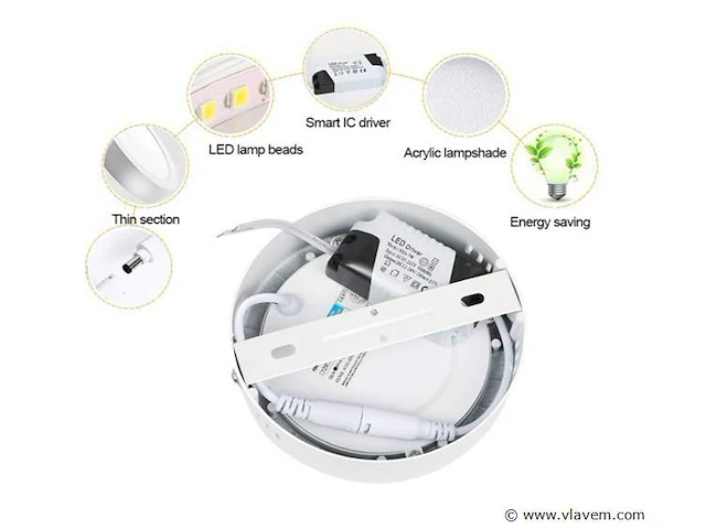 20 x led-paneel – ronde opbouwmontage – 12w – 6500k – koud wit - afbeelding 2 van  4