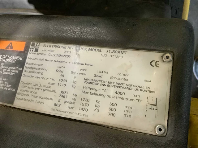 2001 hyster j1.80xmt elektrische vorkheftruck - afbeelding 4 van  12
