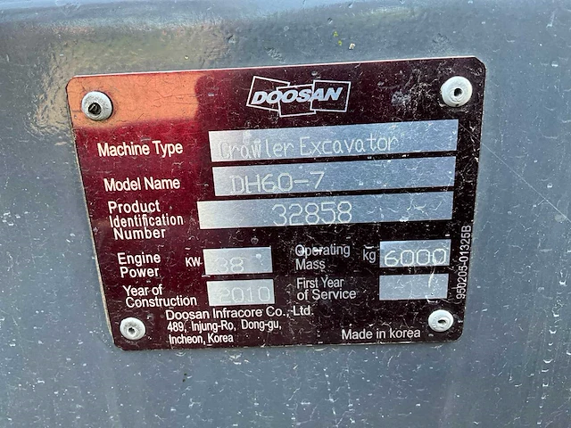 2010 doosan doosan crawler exavator dh60-7 rupsgraafmachine - afbeelding 9 van  19