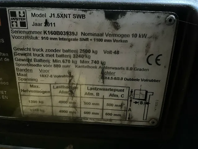 2011 hyster j1.5xntswb vorkheftruck - afbeelding 6 van  16