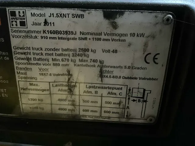 2011 hyster j1.5xntswb vorkheftruck - afbeelding 6 van  16
