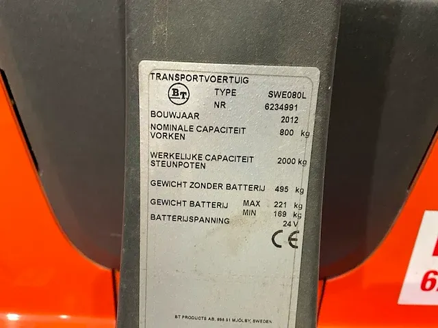 2012 bt swe080l elektrische palletwagen - afbeelding 11 van  13