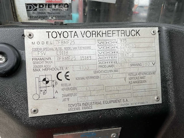 2012 toyota 7fbmf25 vorkheftruck - afbeelding 15 van  16