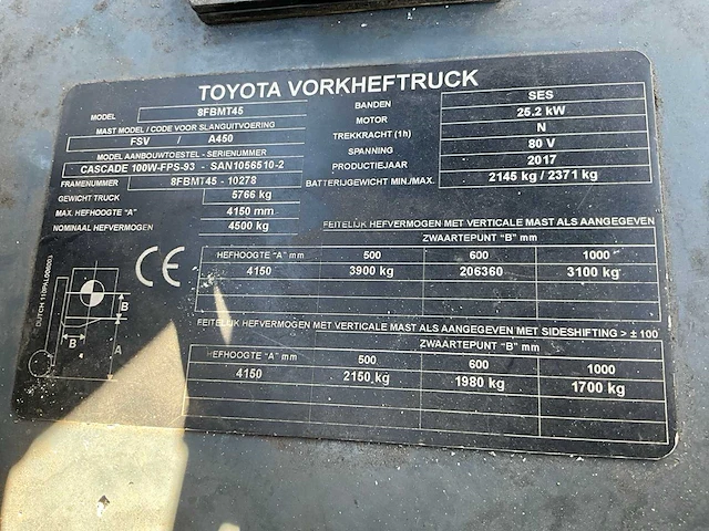 2017 toyota 8fbmt45 vorkheftruck (68045-27) - afbeelding 4 van  12