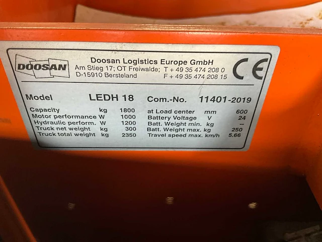 2019 doosan ledh 18 elektrische palletwagen - afbeelding 5 van  5