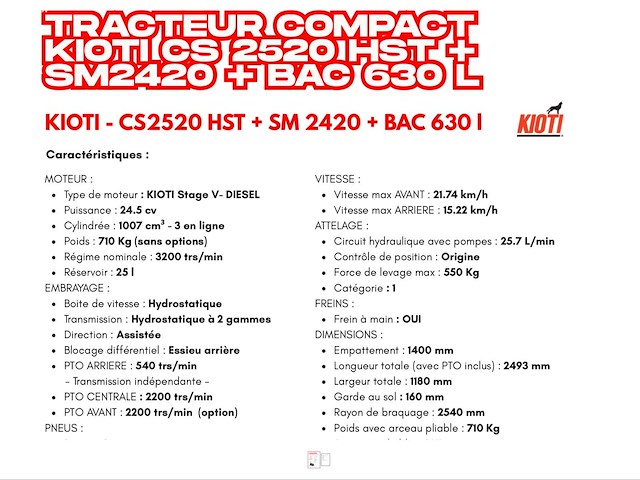 2019 kioti cs2520 + sm2420 + bac 630l minitractor - afbeelding 30 van  39