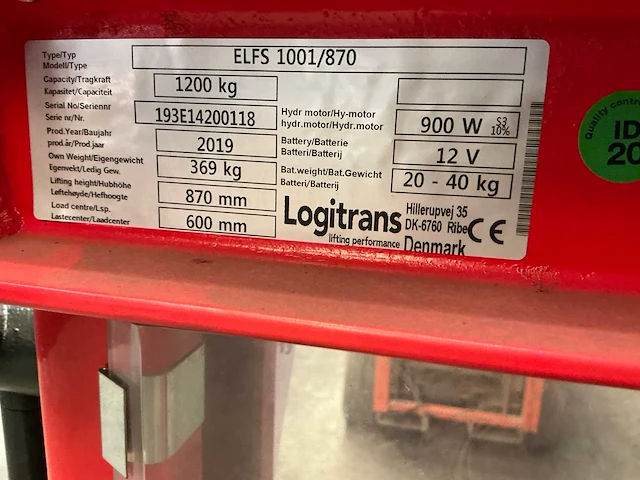 2019 logitrans elfs1001/870 semi-elektrische stapelaar - afbeelding 9 van  9