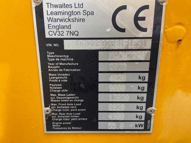 2020 thwaites 9 t mach 2290 dumper - afbeelding 6 van  14