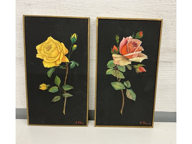 2x bloemenschilderijen op zwarte achtergrond (geel/rode roos) - afbeelding 1 van  1