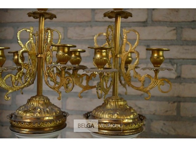 2x porseleinen kandelaar met vergulde bronzen details - afbeelding 3 van  3