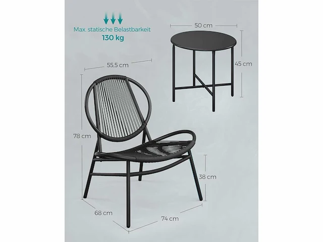 3-delige tuinset - tafel + 2 stoelen - zwart - afbeelding 4 van  4