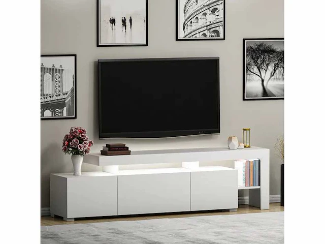 3-deurs tv-meubel - witte afwerking en led-verlichting - afbeelding 2 van  8