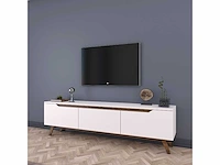3-deurs tv-meubel wit - l180 cm - spaanplaat - wit en eiken kleur - ruimtebesparende kast - voor woonkamer - l180 x b35 x h48,6 cm - afbeelding 1 van  9