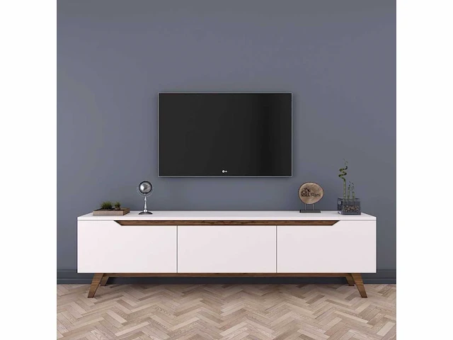 3-deurs tv-meubel wit - l180 cm - spaanplaat - wit en eiken kleur - ruimtebesparende kast - voor woonkamer - l180 x b35 x h48,6 cm - afbeelding 3 van  9