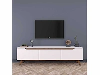 3-deurs tv-meubel wit - l180 cm - spaanplaat - wit en eiken kleur - ruimtebesparende kast - voor woonkamer - l180 x b35 x h48,6 cm - afbeelding 3 van  9