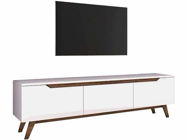 3-deurs tv-meubel wit - l180 cm - spaanplaat - wit en eiken kleur - ruimtebesparende kast - voor woonkamer - l180 x b35 x h48,6 cm - afbeelding 6 van  9