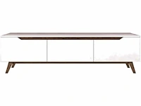 3-deurs tv-meubel wit - l180 cm - spaanplaat - wit en eiken kleur - ruimtebesparende kast - voor woonkamer - l180 x b35 x h48,6 cm - afbeelding 8 van  9
