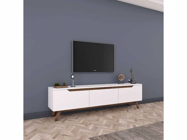 3-deurs tv-meubel wit - l180 cm - spaanplaat - wit en eiken kleur - ruimtebesparende kast - voor woonkamer - l180 x b35 x h48,6 cm - afbeelding 9 van  9