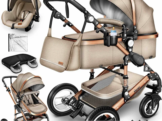 3-in-1 combinatie kinderwagen - beige/goud - afbeelding 1 van  8