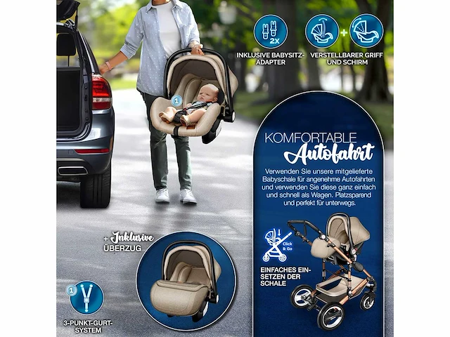 3-in-1 combinatie kinderwagen - beige/goud - afbeelding 6 van  8