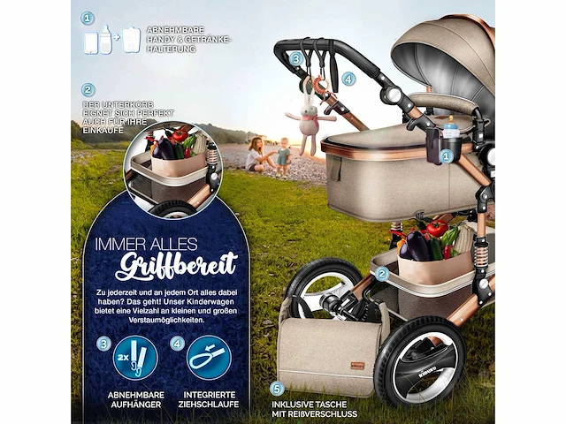 3-in-1 combinatie kinderwagen - beige/goud - afbeelding 7 van  8