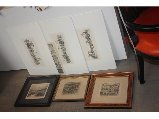 3 ingelijste gravures, 11 niet ingelijste gravures, 2 medaillonstoelen bekleed met rood leder (75,76,77) - afbeelding 6 van  7