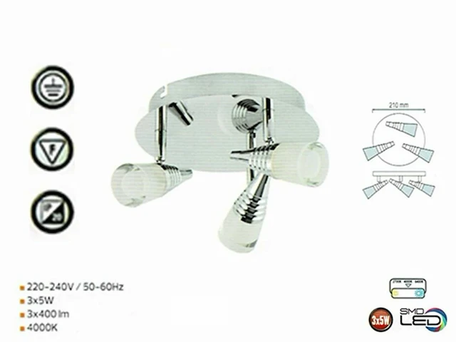 3 x led plafondlamp – 3 spots – di01 – 5w – 4000k – neutraal wit – zilver - afbeelding 4 van  5
