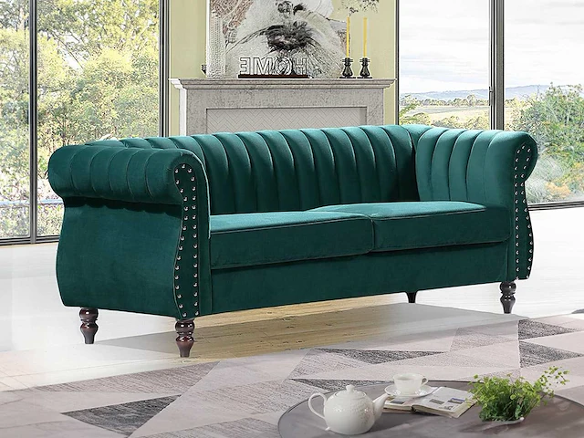 3-zits chesterfield bank - smaragdgroen fluweel - afbeelding 1 van  3