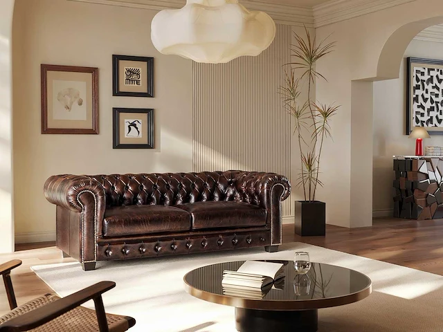 3-zits chesterfield bank 100% buffelleer - bruin met bruine reflecties - afbeelding 1 van  7